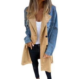 imagechouyatou Womens Notched Lapel Double Breasted Denim Spliced Faux Suede Leather Long Trench Coat Jacket Outerwear