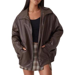 imagechouyatou Womens Oversized Faux Leather Bomber Jacket Fall Casual Shacket Motocycle Leather Jacket