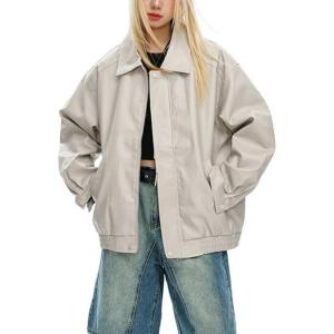 imagechouyatou Womens Oversized Faux Leather Bomber Jacket Zip Boyfriend Shacket Motocycle JacketBeige
