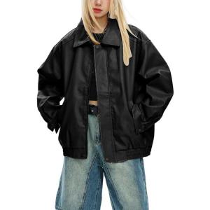 imagechouyatou Womens Oversized Faux Leather Bomber Jacket Zip Boyfriend Shacket Motocycle JacketBlack