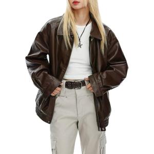 imagechouyatou Womens Oversized Faux Leather Bomber Jacket Zip Boyfriend Shacket Motocycle JacketBrown