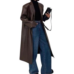 imagechouyatou Womens PU Leather Notch lapel Button Down Trench Coat Long Faux Leather Blazer Jacket Overcoat