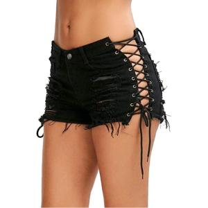 imagechouyatou Womens Sexy Ripped Hole Clubwear Side Lace Up Mini Denim Jean Shorts