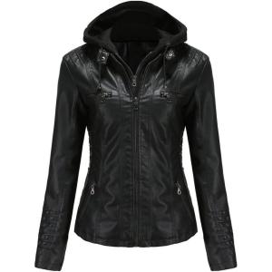 imagechouyatou Womens Vintage Long Sleeve Zip Up Hooded PU Washed Faux Leather Jacket Coat