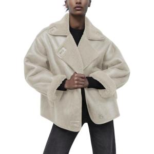 imagechouyatou Womens Winter Sherpa Lined Faux Leather Jacket Casual Motorcycle Oversized Leather JacketBeige