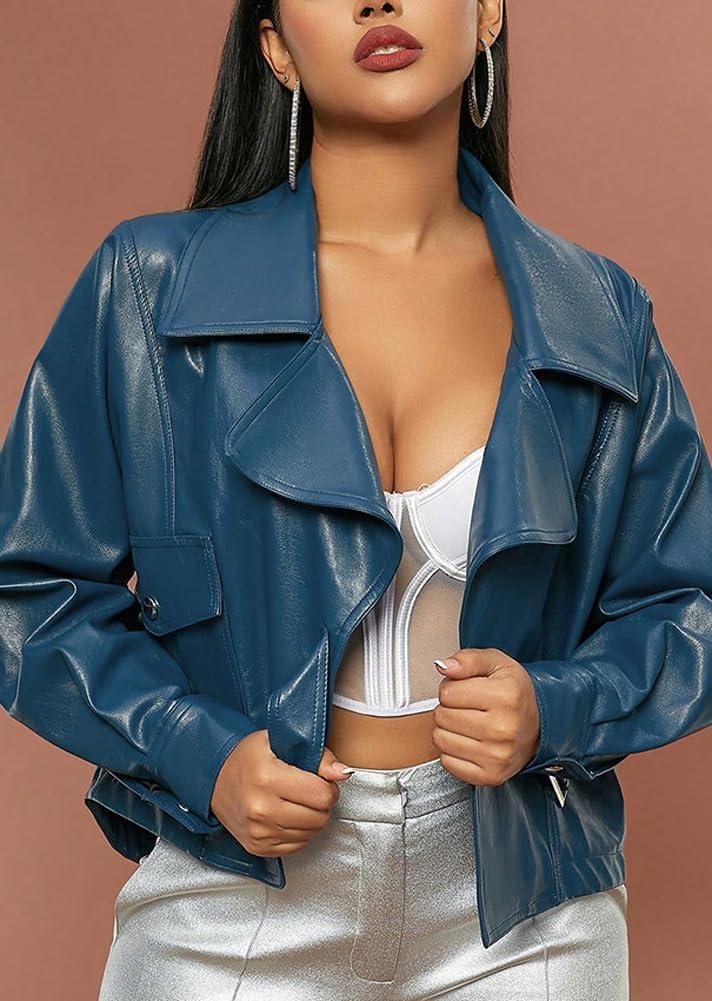 imagechouyatou Womens Vintage Pu Faux Leather Jacket Oversized Notch Lapel Collar Cropped Short Jacket Coat