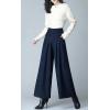 imagechouyatou Womens Casual Wide Leg Wool Blend Pants Baggy Culotte High Waisted Pleated Loose Long TrousersBlue