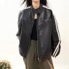 imagechouyatou Womens Y2k Moto PU Jacket Zip Up Bomber Jacket Stand Collar Faux Leather Jacket Coat with Pockets