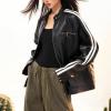 imagechouyatou Womens Y2k Moto PU Jacket Zip Up Bomber Jacket Stand Collar Faux Leather Jacket Coat with Pockets