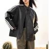 imagechouyatou Womens Y2k Moto PU Jacket Zip Up Bomber Jacket Stand Collar Faux Leather Jacket Coat with Pockets