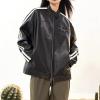 imagechouyatou Womens Y2k Moto PU Jacket Zip Up Bomber Jacket Stand Collar Faux Leather Jacket Coat with Pockets