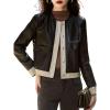 imagechouyatou Womens Collarless Cropped Pu Faux Leather Jacket Long Sleeve Button Down Motorcycle Short Trucker Jacket
