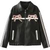 imagechouyatou Womens Y2K Bowknot Zip Up Faux Leather Jacket Contrast Striped Moto PU Leather Coat with Pockets