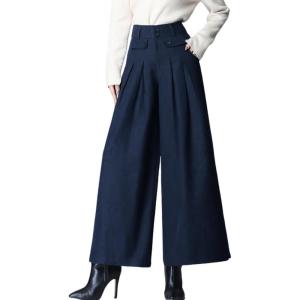 imagechouyatou Womens Casual Wide Leg Wool Blend Pants Baggy Culotte High Waisted Pleated Loose Long TrousersBlue