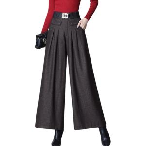imagechouyatou Womens Casual Wide Leg Wool Blend Pants Baggy Culotte High Waisted Pleated Loose Long TrousersDark Grey
