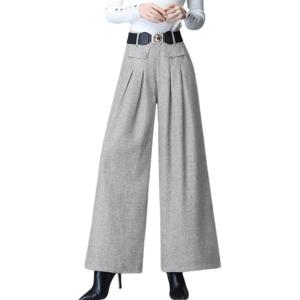 imagechouyatou Womens Casual Wide Leg Wool Blend Pants Baggy Culotte High Waisted Pleated Loose Long TrousersLight Grey