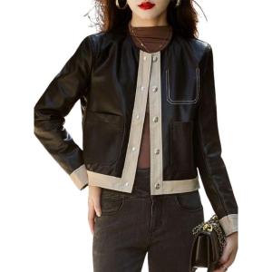 imagechouyatou Womens Collarless Cropped Pu Faux Leather Jacket Long Sleeve Button Down Motorcycle Short Trucker Jacket