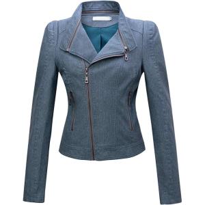 imagechouyatou Womens DenimPerformance Slim Asymmetric Zip Distressed Pu Leather Moto Biker Jacket