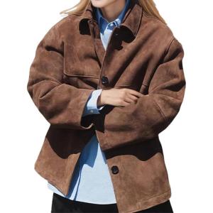 imagechouyatou Womens Fall Casual Faux Suede Leather Jacket Button Down Long Sleeve Shacket Coat