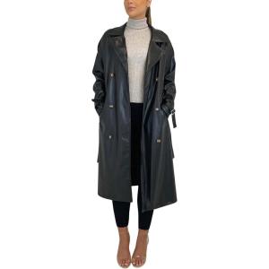 imagechouyatou Womens Faux Leather Trench Coat Lapel Double Breasted Pu Leather Long Jacket with Belt