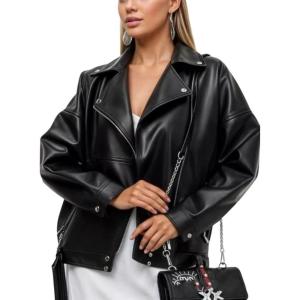 imagechouyatou Womens Oversized Pu Faux Leather Jacket Notch Lapel Collar Moto Biker Short Jacket Coat