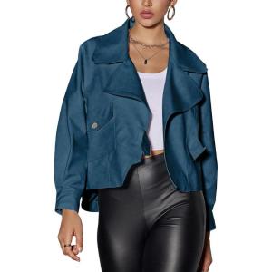imagechouyatou Womens Vintage Pu Faux Leather Jacket Oversized Notch Lapel Collar Cropped Short Jacket Coat