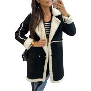 imagechouyatou Womens Winter Sherpa Fleece Spliced Notch Lapel Double Breasted Faux Suede Leather Jacket Trench Coat