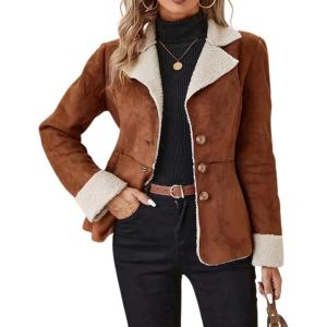 imagechouyatou Womens Winter Sherpa Lined Faux Suede Leather Jacket Casual Warm Suede Blazer Jacket Coats