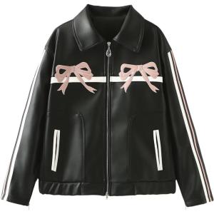 imagechouyatou Womens Y2K Bowknot Zip Up Faux Leather Jacket Contrast Striped Moto PU Leather Coat with Pockets