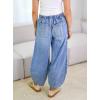 imagechouyatou Women Casual Barrel Jeans Elastic High Waisted Crop Wide Leg Jeans Boyfriend Harem Denim Pants
