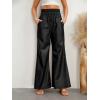 imagechouyatou Womens Wide Leg Faux Leather Pants Smocked High Waist Pu Leather Palazzo Pants with Pockets
