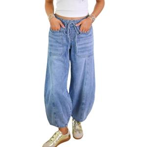 imagechouyatou Women Casual Barrel Jeans Elastic High Waisted Crop Wide Leg Jeans Boyfriend Harem Denim Pants