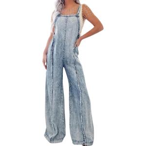 imagechouyatou Womens Casual Adjustable Strap Denim Jumpsuit Distressed Elastic Waist Overalls Jeans Pants