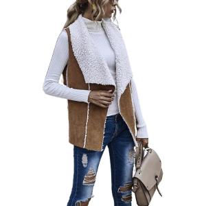 imagechouyatou Womens Casual Open Front Lapel Faux Suede Sleeveless Fleece Vest Jacket Coat