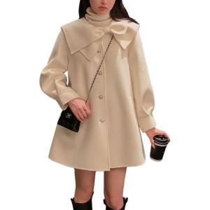 imagechouyatou Womens Cute Bow Lapel Collar Wool Coat Single Breasted Wool Blend Pea Coat with Pockets