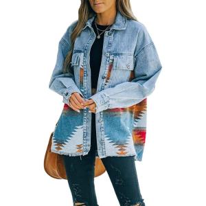 imagechouyatou Womens Ethnic Aztec Geometric Pattern Frayed Denim Jean Jacket Shackets