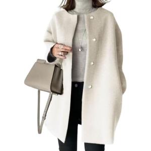 imagechouyatou Womens Fall Collarless Single Breasted Midi Long Wool Coat Business Casual Winter Pea Coat