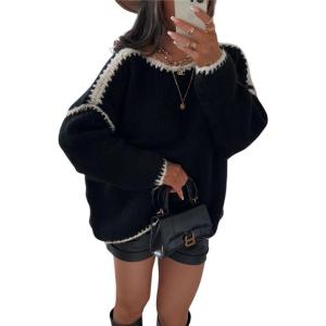 imagechouyatou Womens Fall Color Block Sweater Casual Loose Crewneck Knitted Pullover Jumper TopsBlack