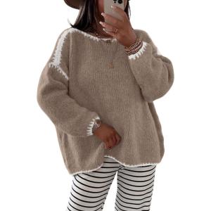 imagechouyatou Womens Fall Color Block Sweater Casual Loose Crewneck Knitted Pullover Jumper TopsKhaki