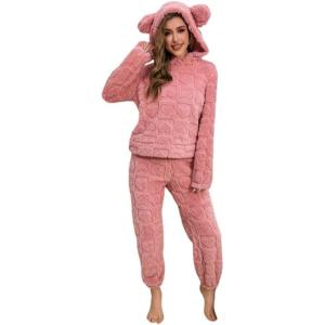 imagechouyatou Womens Fuzzy Fleece 2 Piece Lounge Pajama Sets Ultra Soft Cute Ear Hood Pullover Tops Harem Pants Outfits
