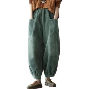 imagechouyatou Womens Harem Loose Corduroy Pants Elastic High Waisted Straight Wide Leg Trouser with Pockets