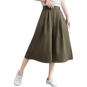 imagechouyatou Womens High Elastic Waisted Wide Leg Capris Business Casual Cropped Culotte Pants with Pockets