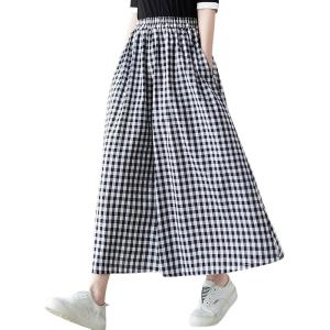 imagechouyatou Womens Summer Casual Cotton Linen Pants Culottes Plaid Gingham Wide Leg Capri Palazzo Pants