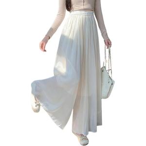 imagechouyatou Womens Summer Flowy Shiny Palazzo Wide Leg Pants Elastic Waist Pleated Beach Trousers Culottes