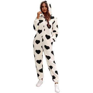 imagechouyatou Womens Sweet Heart Pattern Furry Sherpa Romper Ultra Soft Onesie Pajamas Jumpsuit Pants with Hood