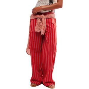 imagechouyatou Womens Vertical Striped Wide Leg Pants Drawstring Elastic Waist Palazzo Pants with Pockets