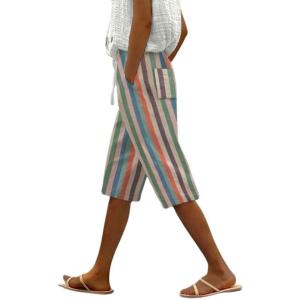 imagechouyatou Womens Vintage 90s Striped Pattern High Elastic Waisted Wide Leg Cropped Capri Pants with Pockets