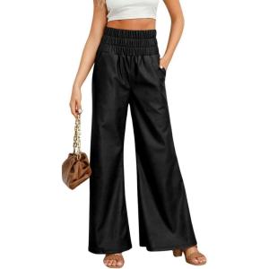 imagechouyatou Womens Wide Leg Faux Leather Pants Smocked High Waist Pu Leather Palazzo Pants with Pockets