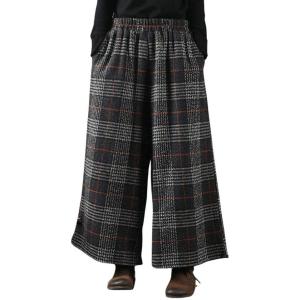 imagechouyatou Womens Winter Plaid Wide Leg Cropped Wool Pants Elastic Waist Palazzo Capri Pants with Pockets