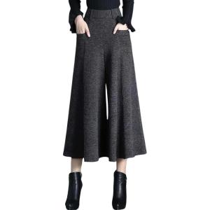 imagechouyatou Womens Wool Blend Culottes Capri Cropped Pants Pleated High Waist Wide Leg Palazzo Trousers